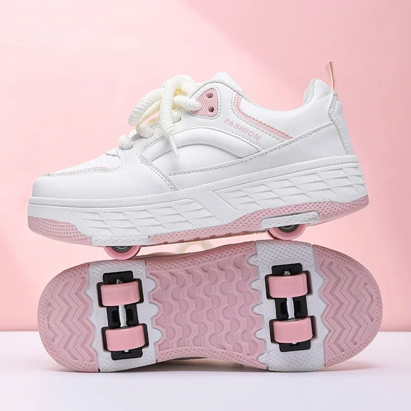 Children Roller Skating Shoes Four Wheel Wear Resistant Fashion Leather Breathe Sports Entertainment Wheel Shoes for Kids