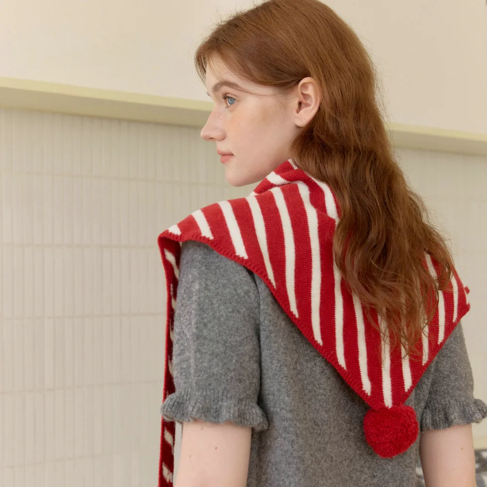 

Artistic retro knitted triangular scarf shawl 2025 new cute fur ball striped scarf women's winter warm shawl scarf scarf