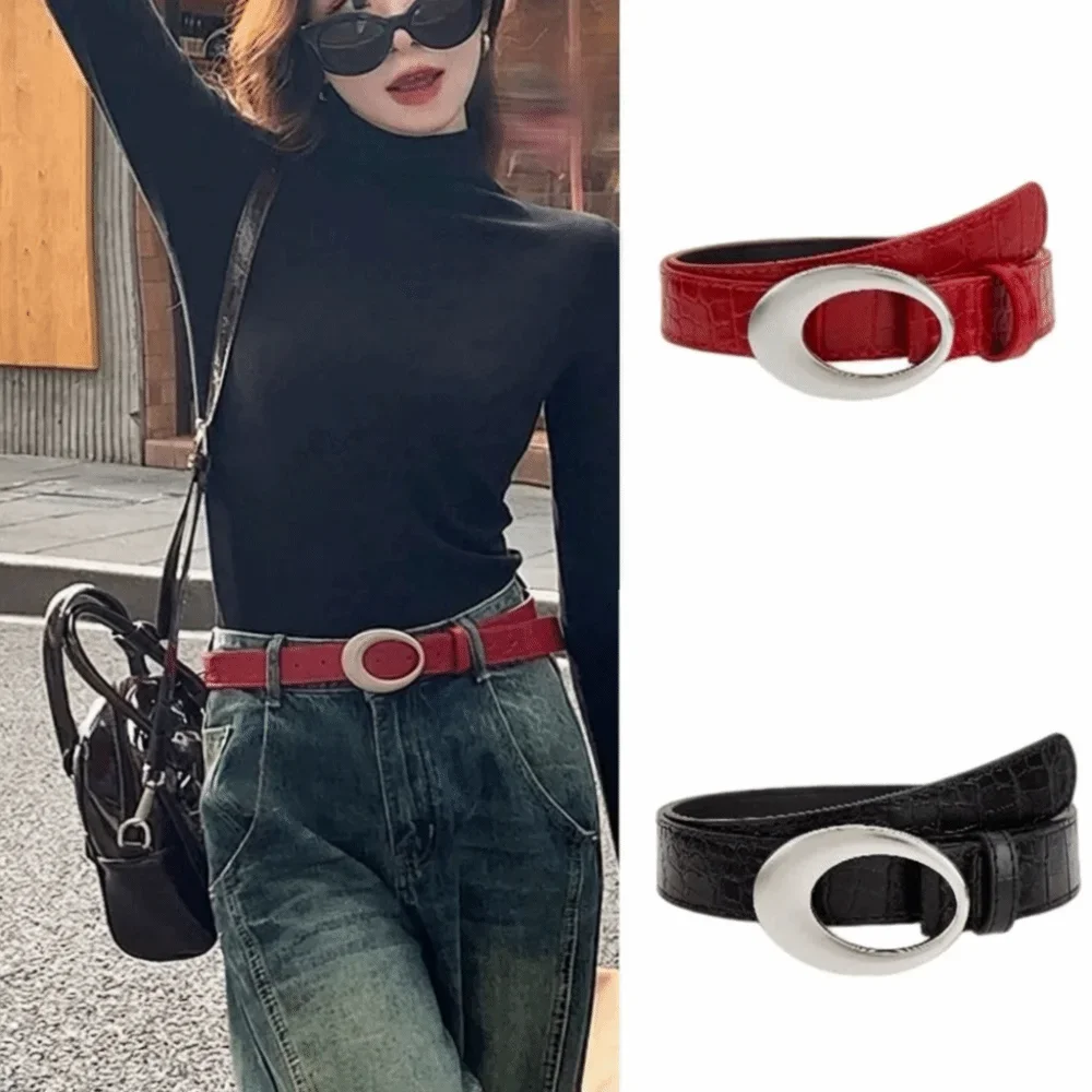 Adjustable Women's Crocodile-patterned Belt Simple Pin Buckle Imitation Leather Waist Belt Red Black Dress Waistband