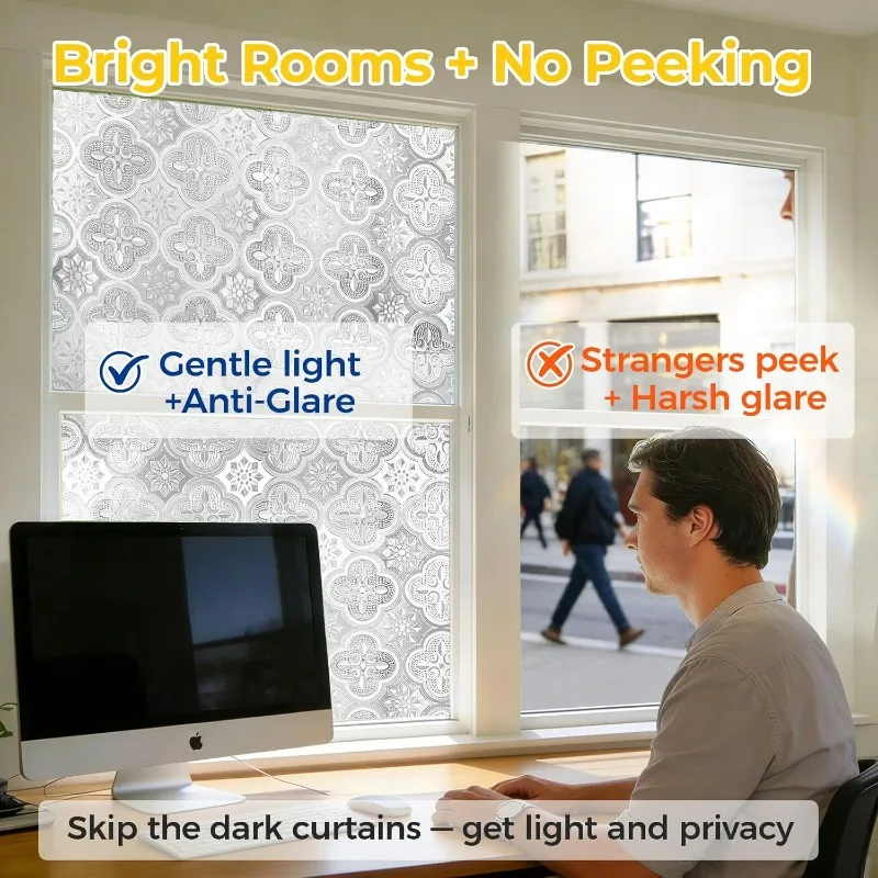 Geometric Embossed Privacy Window Film Static Cling No Glue Heat Control Light Block Removable for Bathroom Door Home Glass