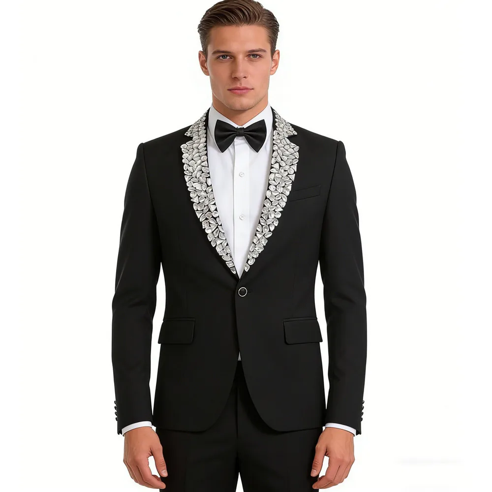 Black Crystals Men's Suit Jacket Formal Groom Wedding Dress Prom Host Performance Outfit Rhinestones Blazers Stage Costume