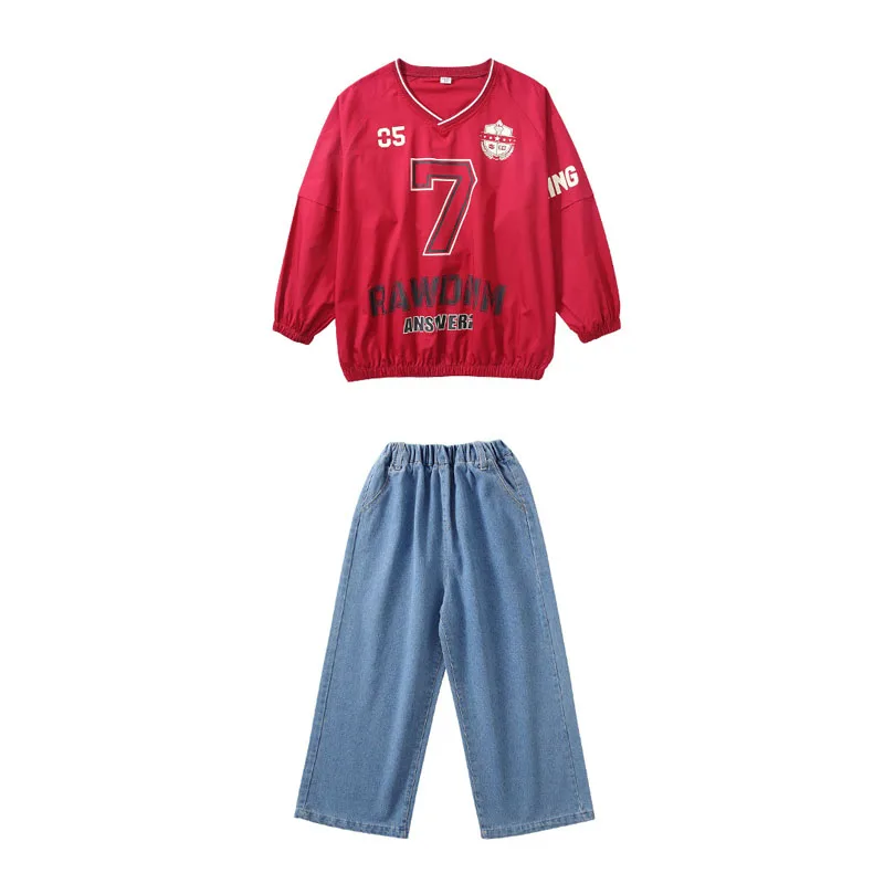 Kind Kpop Hip Hop Kleidung Rot Grün Jersey Sweatshirt Top Denim Blau Straße Baggy Jeans Hosen für Mädchen Junge Tanz Kostüm Kleidung