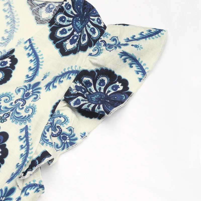 Damska sukienka midi w stylu boho z niebiesko-białym wzorem, dekoltem w serek i falbankami na rękawach, idealna na letnie wakacje, na co dzień i na imprezę.