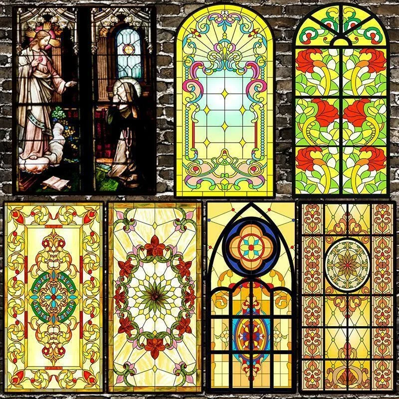 

Privacy Windows Film Frosted Stained Glass Vintage Window Stickers Self-adhesive Chapel Cling Church Style Glass Sticker