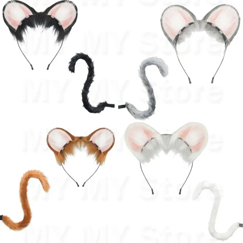 

2Pcs Mouse Cats Wolf Foxes Tail Ears Headband Set Halloween Christmas Fancy-Party Costume Toy for Woman Men Cosplay