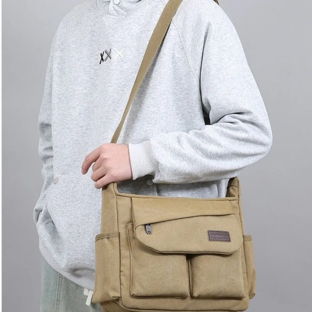 

Casual Large Capacity Men Canvas Shoulder Bag Solid Color Korean Style Messenger Bag Zipper All-match Crossbody Bag Electrician