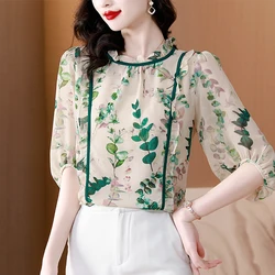 Temperament Printed Ruffled Round Neck Spring Summer New Women's Fashion Versatile Loose Fitting Mid Sleeved Chiffon Tops