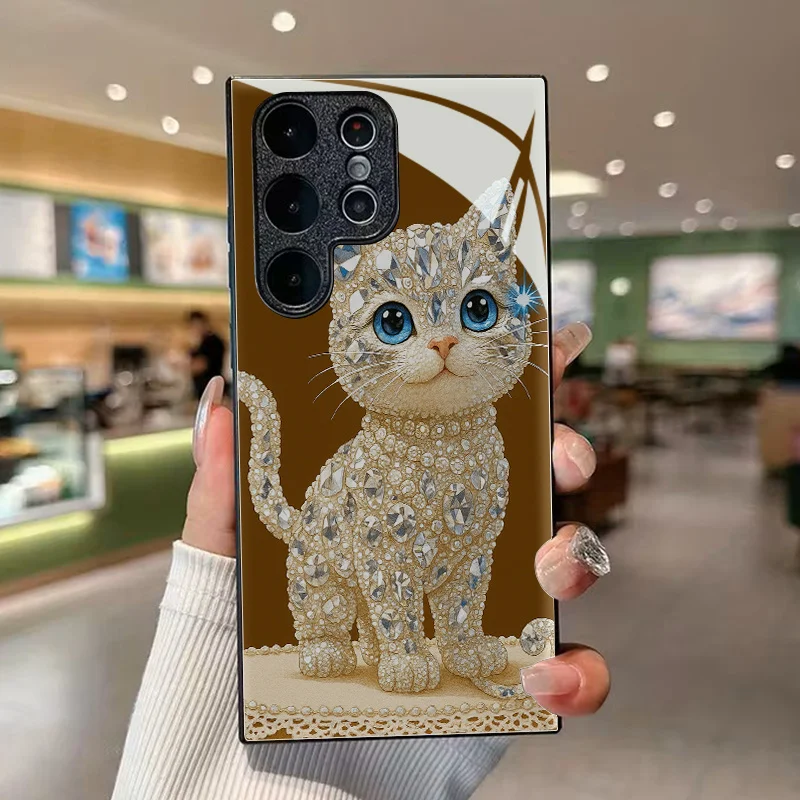 Sparkling Diamond Cat Pattern Glass Phone Case Suitable for Samsung Galaxy S26 S25 S24 S22 S21 S20 FE/Ultra/Plus Anti Drop