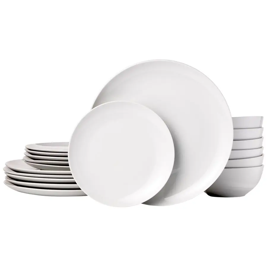 

Dinnerware Set, Microwave and Dishwasher Safe, Service for 6, 18Piece Complete Kitchen, Plates, Dishes, Bowls, White Porcelain C