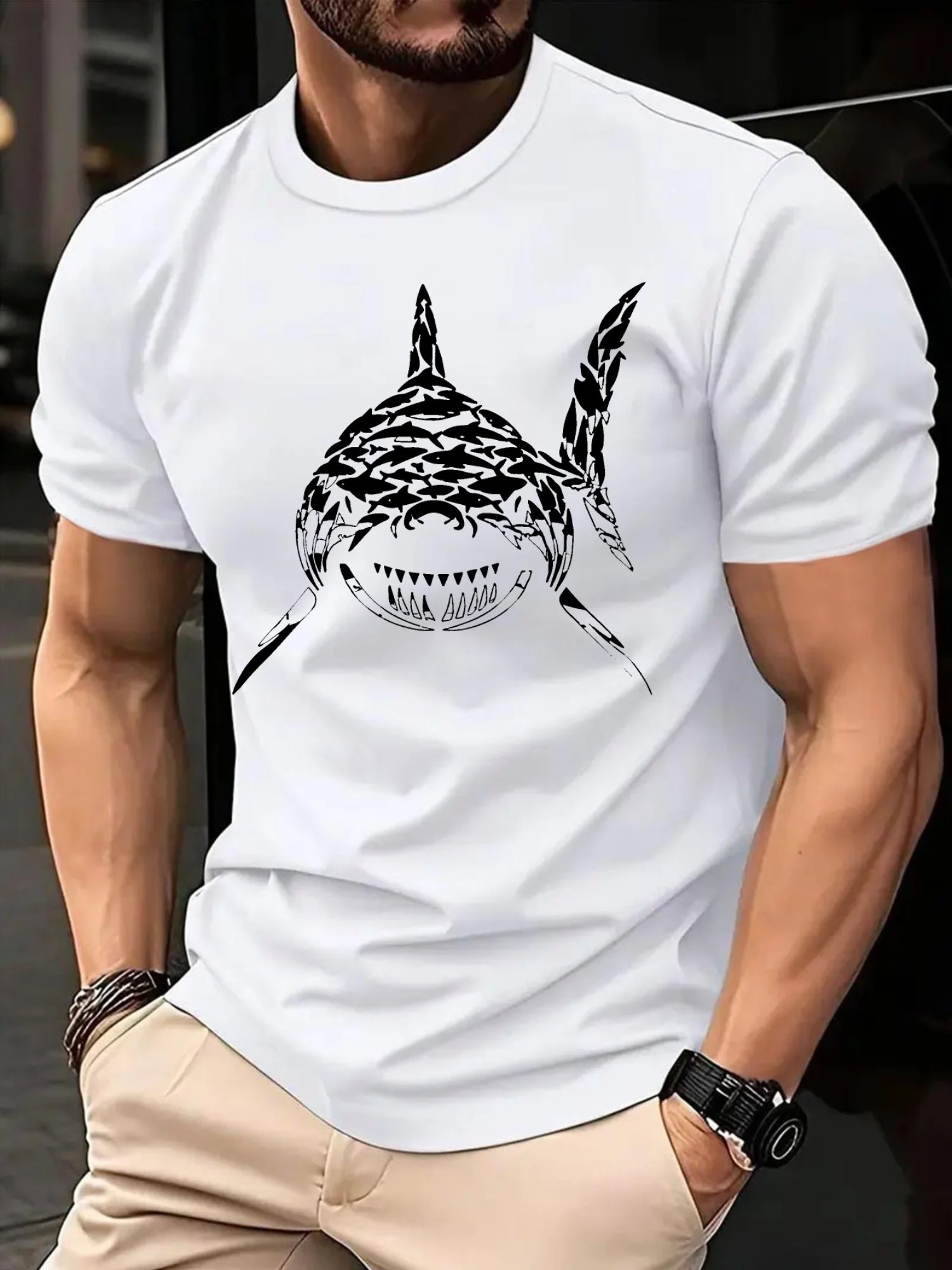 Men's Summer 100% Cotton Fashion Casual Shark Pattern Printed Loose Sports Round Neck Short Sleeve T-shirt Top