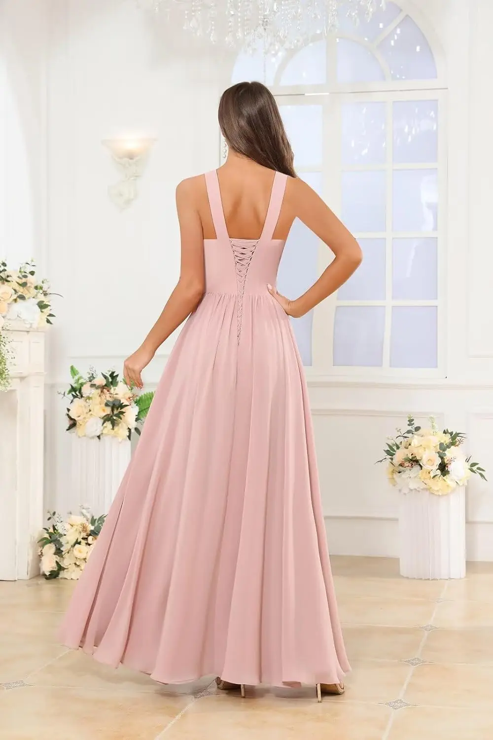 Chiffon Bridesmaid Dress with Ruffled Edges and Thin Shoulder Straps A Long Ball Dress with Pockets Elegant Evening Dress,Formal