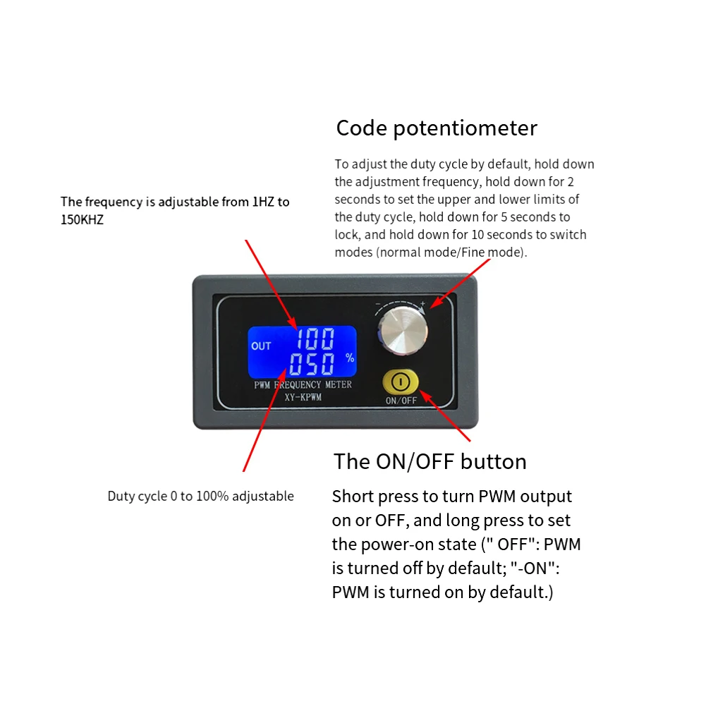 XY-KPWM Signal Generator PWM Frequency Meter DC 3.3V-30V 5-30mA 1Hz-150kHz Adjustable Pulse Duty Cycle LCD Display