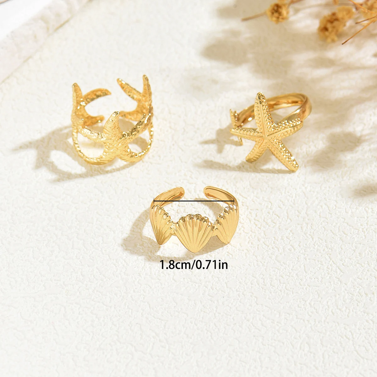 3Pcs/Set Gold Color Starfish Shell Open Ring Set Boho Coastal Stackable Rings For Women Summer Beach Jewelry
