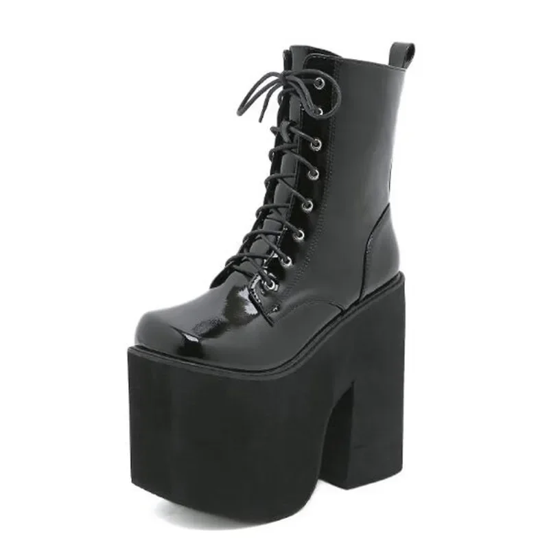 16cm Women\'s Side Zipper Punk Goth Platform Boots Comfy Round Toe Lace Up Shoes Solid Color Comabt Boot Chunky Heels Botas Mujer