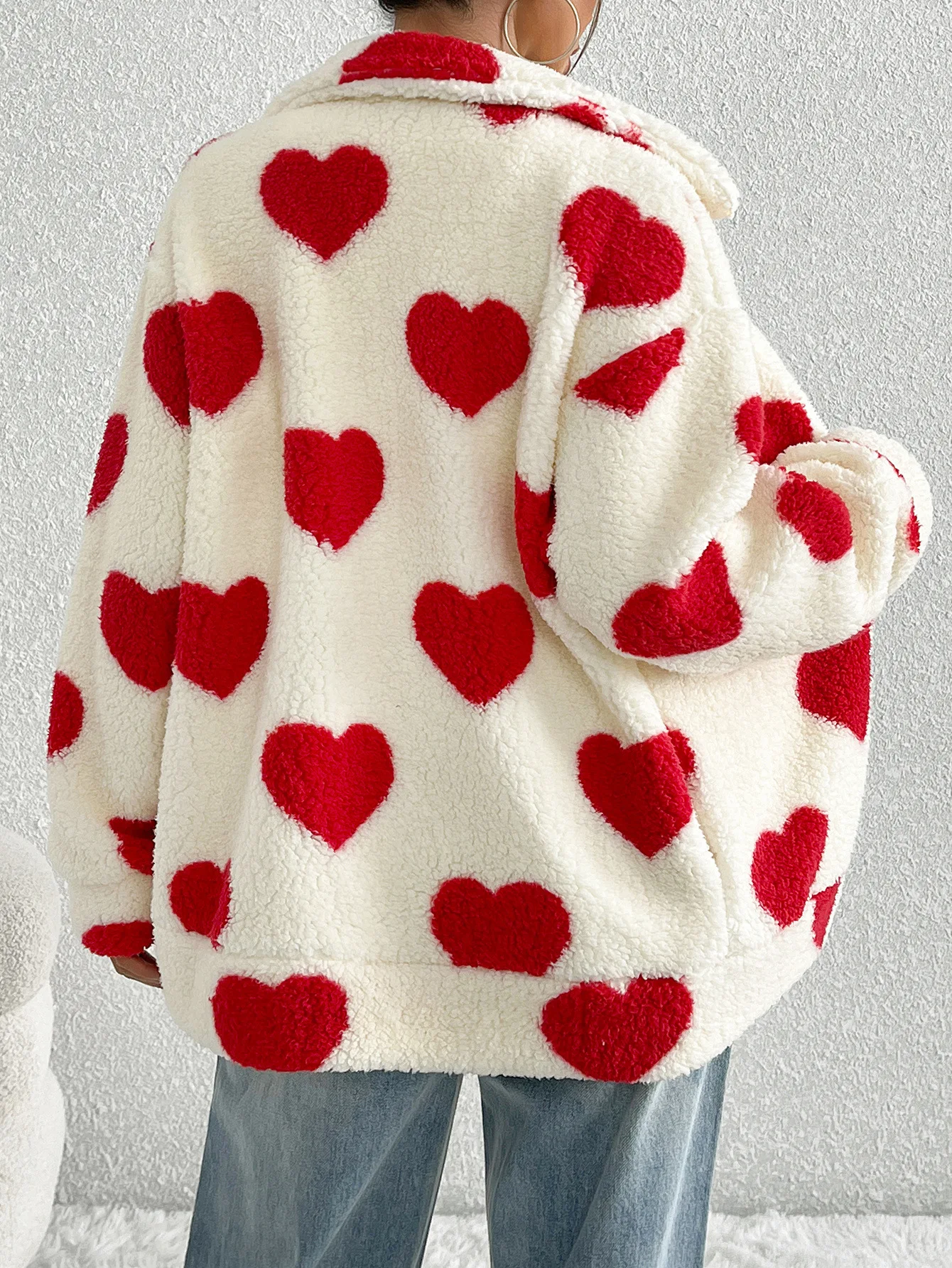 ยุโรปและอเมริกาฤดูใบไม้ร่วงและฤดูหนาวใหม่ Plush Love Heart พิมพ์หลวมแขนยาวซิปเสื้อสเวตเตอร์ถัก