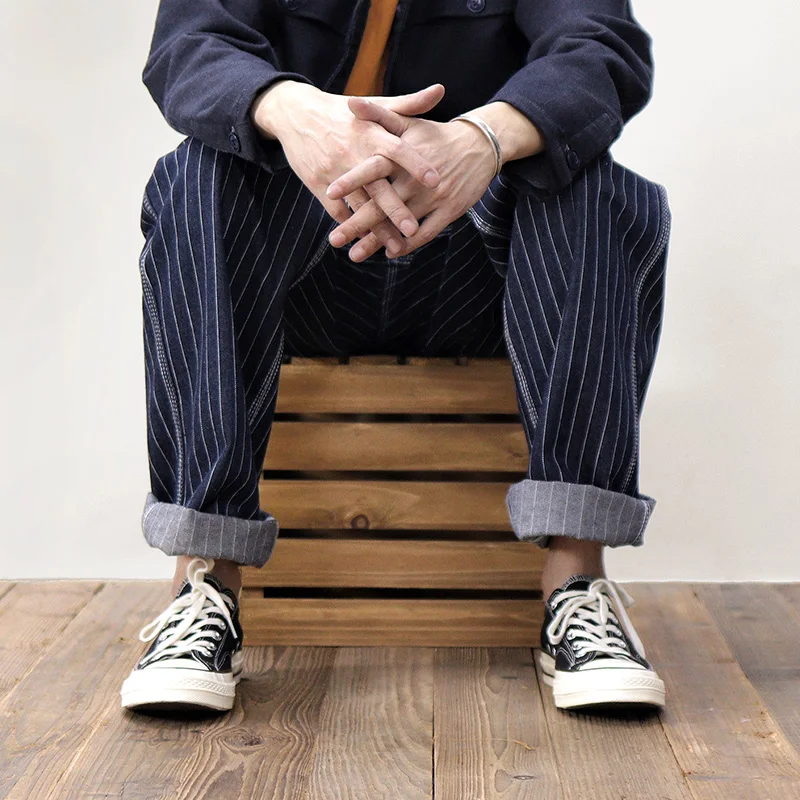 

American Retro Dad Pants Wide Leg Men's Striped Loose Straight Leg Overalls Jeans Casual High Waist Cotton Denim Spring Autumn