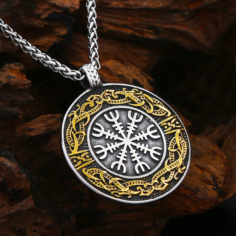 Vintage Stainless Steel Norse Rune Compass Pendant Necklace Ouroboros Vikings Amulet Fashion Jewelry Gifts For Men Women