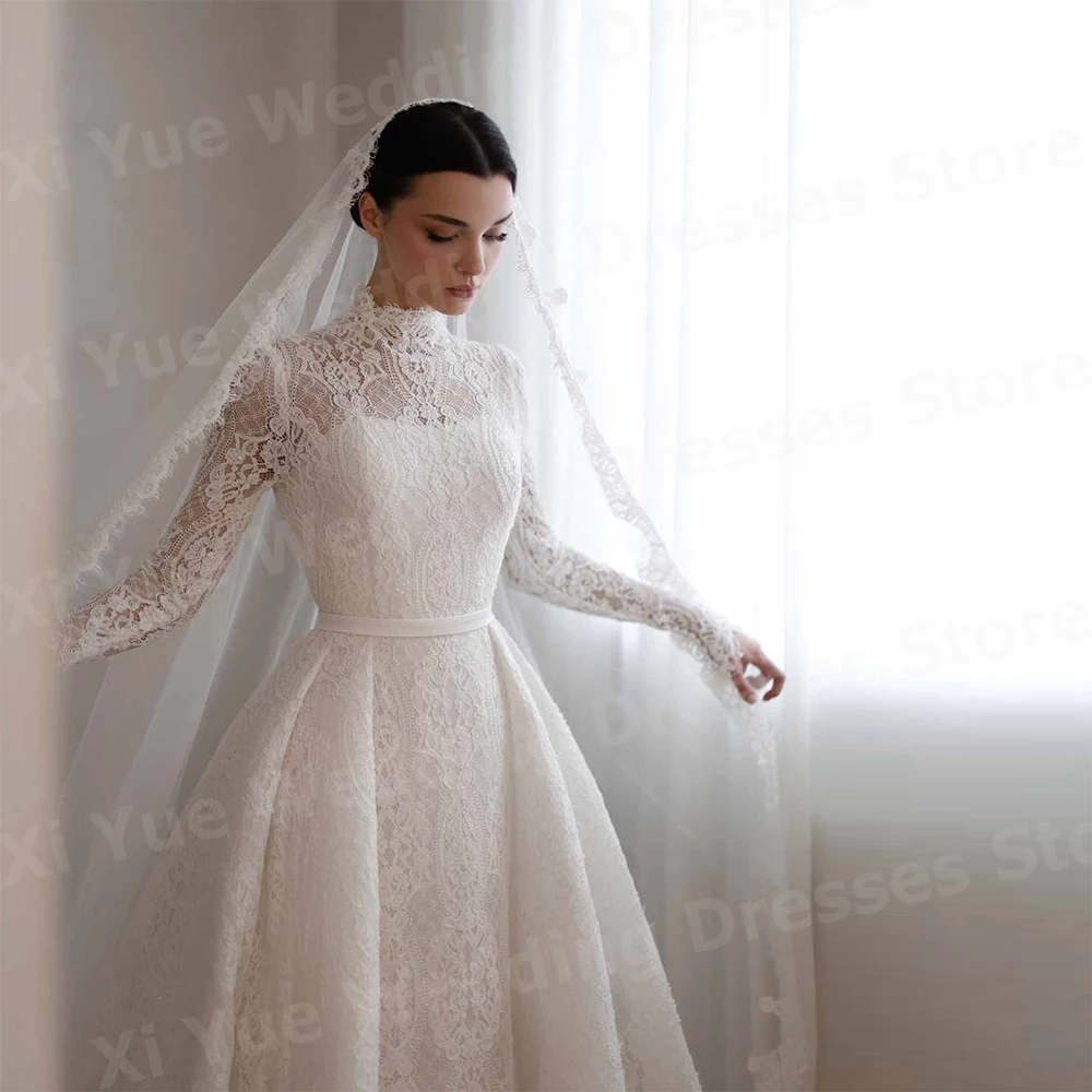 Exquisite A Line Women's Wedding Dresses High Neck Lace Appliques Vestido De Novia Bride Gowns Customized Long Sleeve Vestido