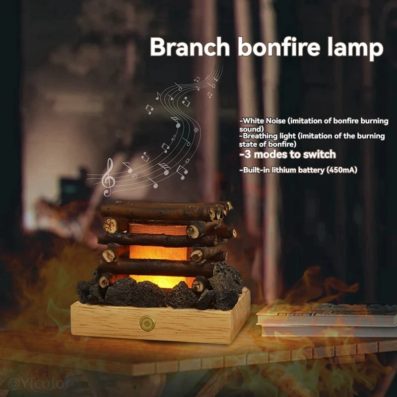 ABHU ضوء ليلي مزيف على النار USB قابل لإعادة الشحن 3 أوضاع LED أضواء ليلية لإشعال النار المزيفة مع ضوضاء بيضاء