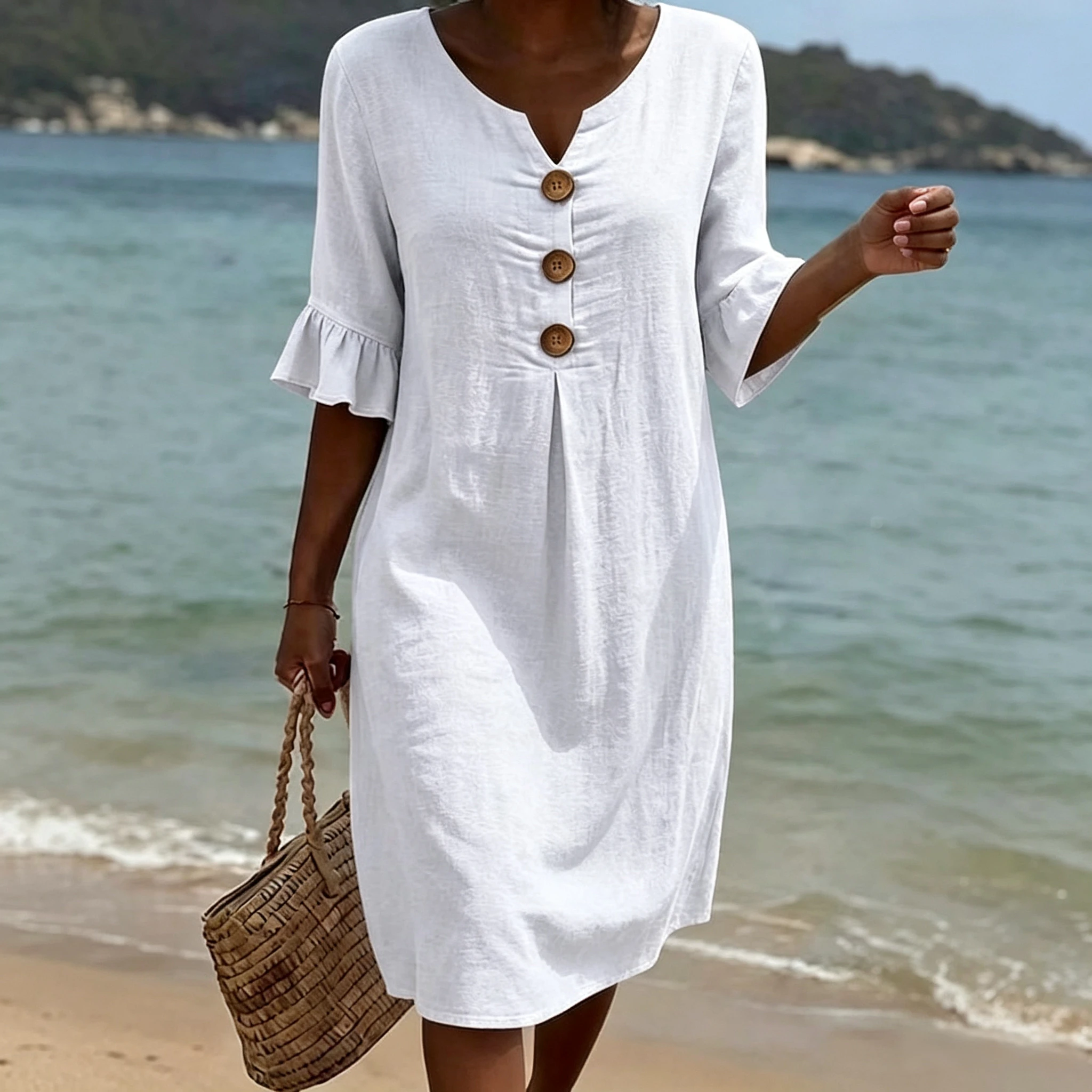 Vestido de Algodón y Lino con Cuello en V, Botones Grandes y Volantes, Nueva Colección Primavera-Verano 2026, Estilo Europeo y Americano, para Venta Transfronteriza en Amazon