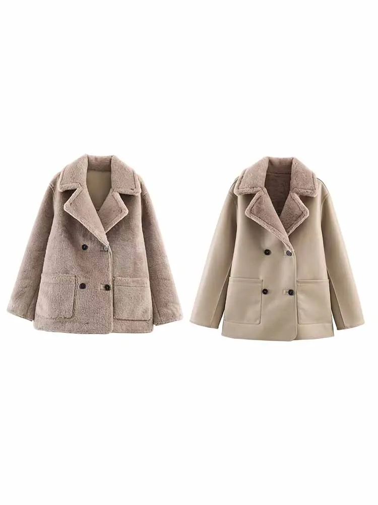 

HH Woman Fashion Reversible Warm Winter Coat Lapel Long Sleeves Double Breasted Pocket Decoration Jacket Female Casual Slim Coat