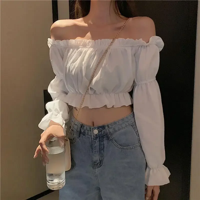 

Blouses Women Slash Neck Crop Top Fashionable Student Off Shoulder Puff Sleeve Solid Female Spring All-match Casual Fashion Chic