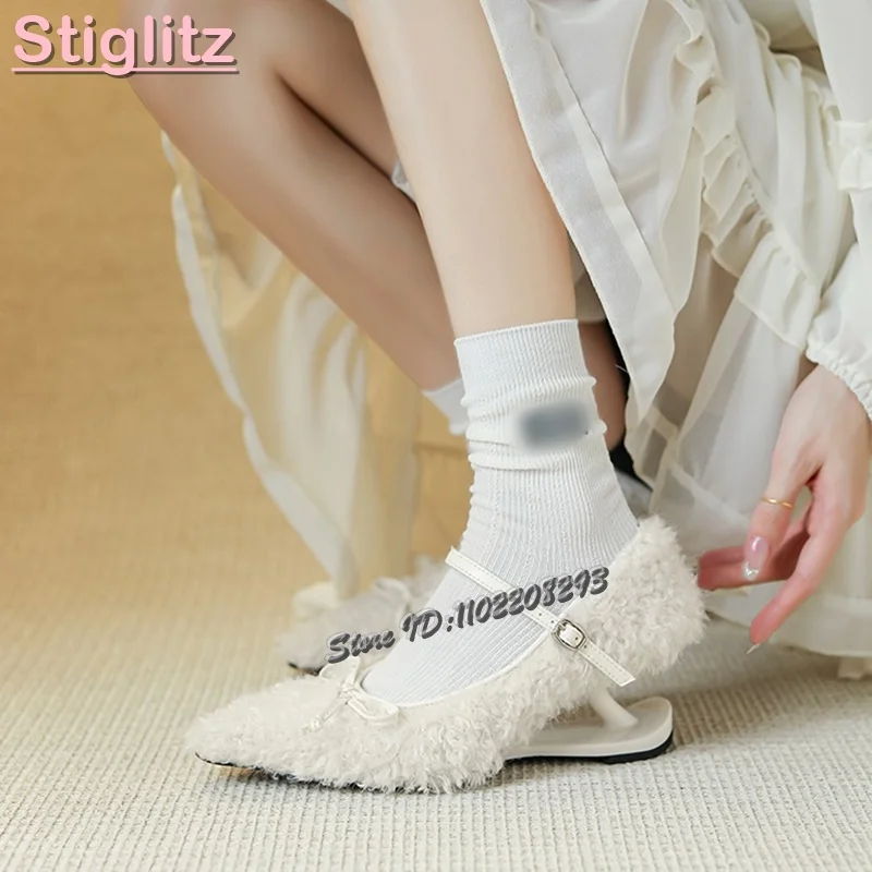 

Retro Pointed Butterfly-knot Pumps French White Lamb Fur Shallow Mary Jane High Heels 2025 Women Autumn New Plus Velvet Shoes