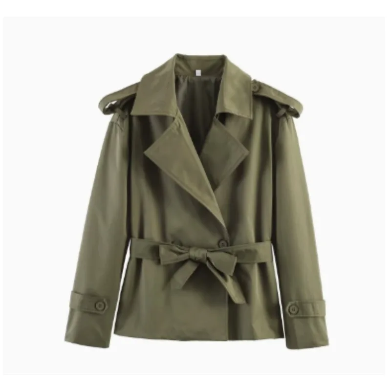 Aliexpress\'s Best-selling Cross-border European and American Style Women\'s Solid-color Belted Short Jacket Trench Coat Fashion