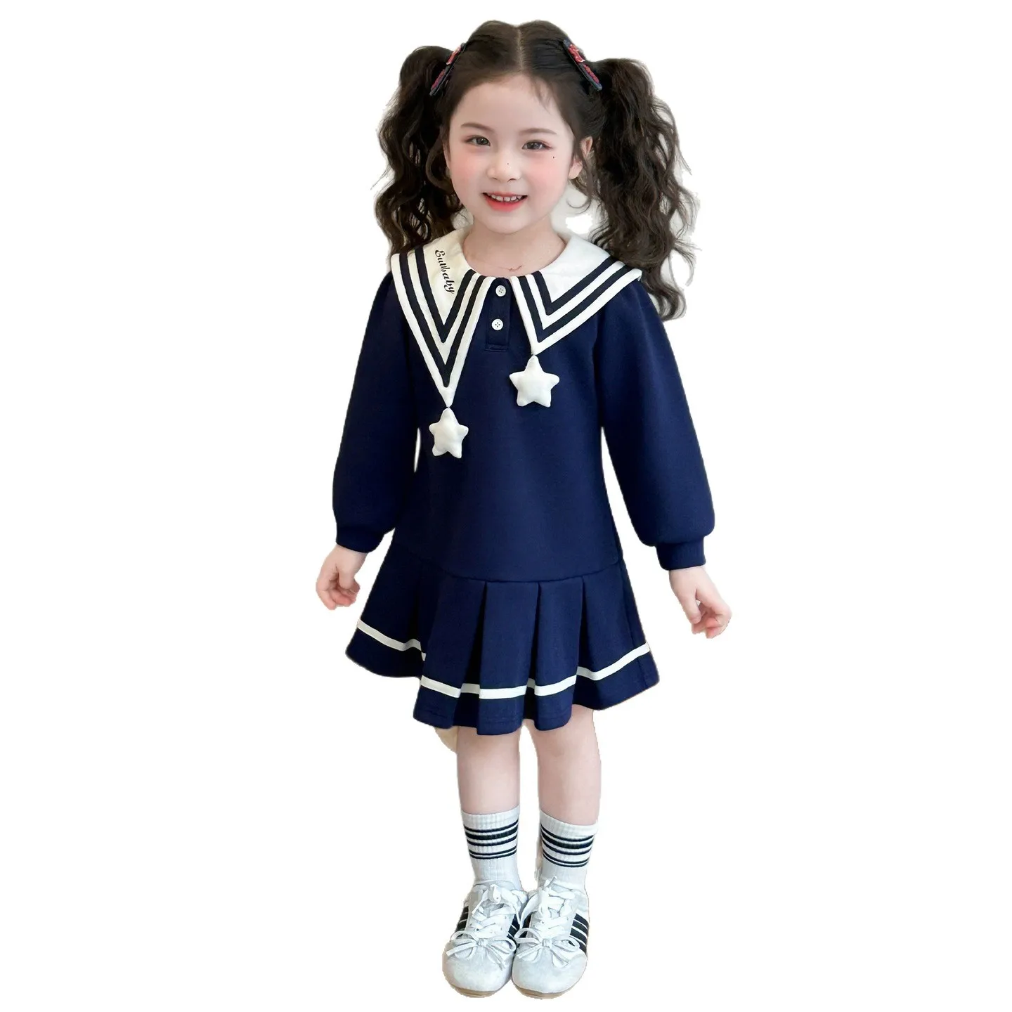 Girls Dress 2026 Spring New Korean Version Navy Collar Western-style Dress Casual Fashion Daily Temperament Wear 5