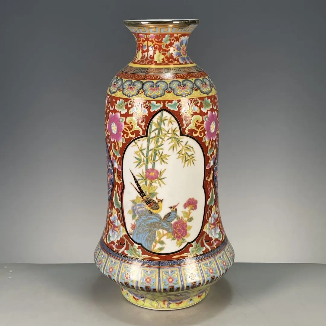 Collectible Porcelain Shangping Imperial Reward Vase, Exquisite Hand-Painted Falangcai Enamel Floral & Avian Bird Motifs