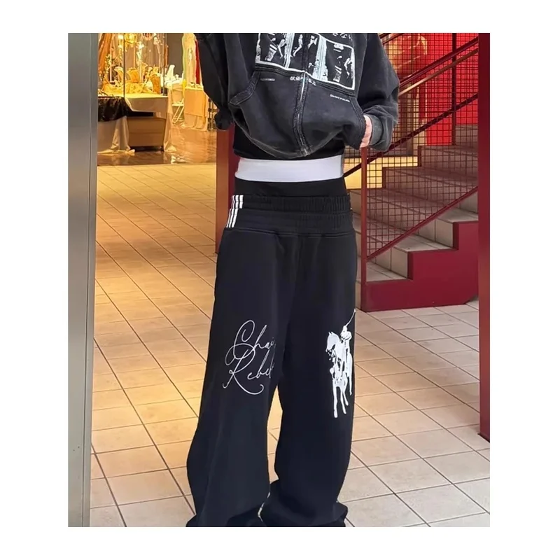 QICEH 2026 Unisex Reversible Sweatpants American Premium Black Baggy Wide Leg Horse Embroidery Multi Waistband Loose Casual Long