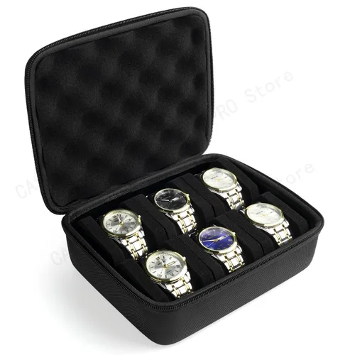 Caja de almacenamiento para relojes de carcasa dura con 6 ranuras, estuche de transporte, organizador de exhibición, vitrina con soporte para caja de relojes, ideal para regalos