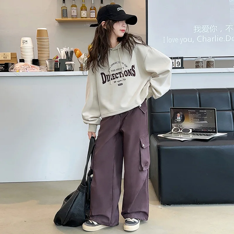 

2025 Autumn School Girls Suits Letter Printed Hooded Sweatshirt+Cargo Pant Children Girls Outfit Long Sleeves 4-14Y Girls Sets