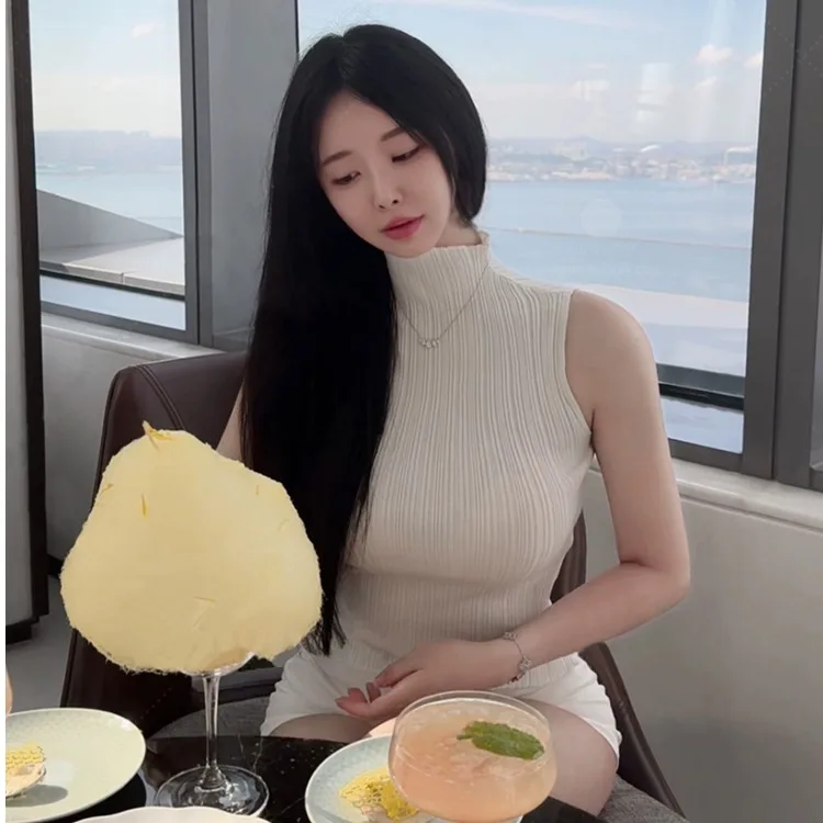 Korean Style High Neck Knitted Slim Fit Sexy Pure Desire Versatile Women's Vest Top Breathable Soft Polyester Nylon Blend