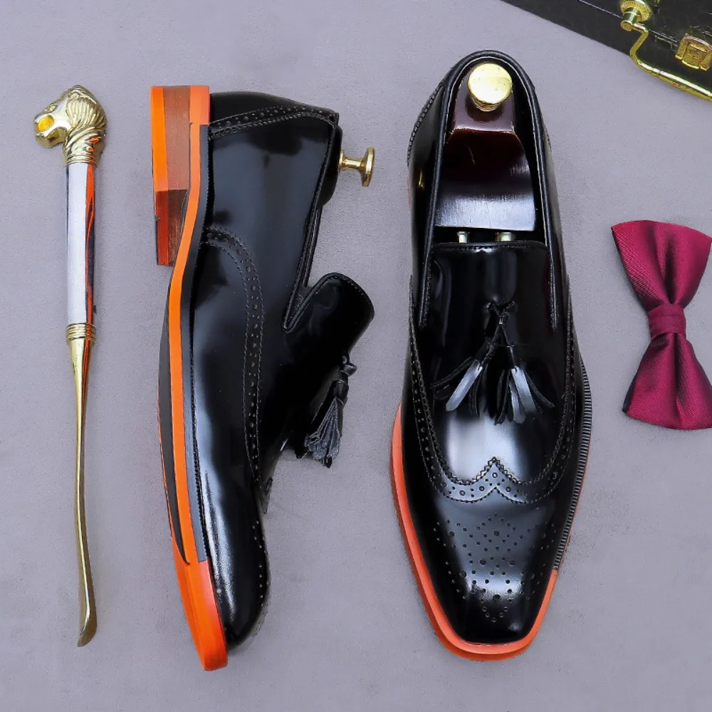 

Men's Plus Size British Brogues | Genuine Cowhide Engraved Patent Leather Business Casual Tassel Formal Shoes