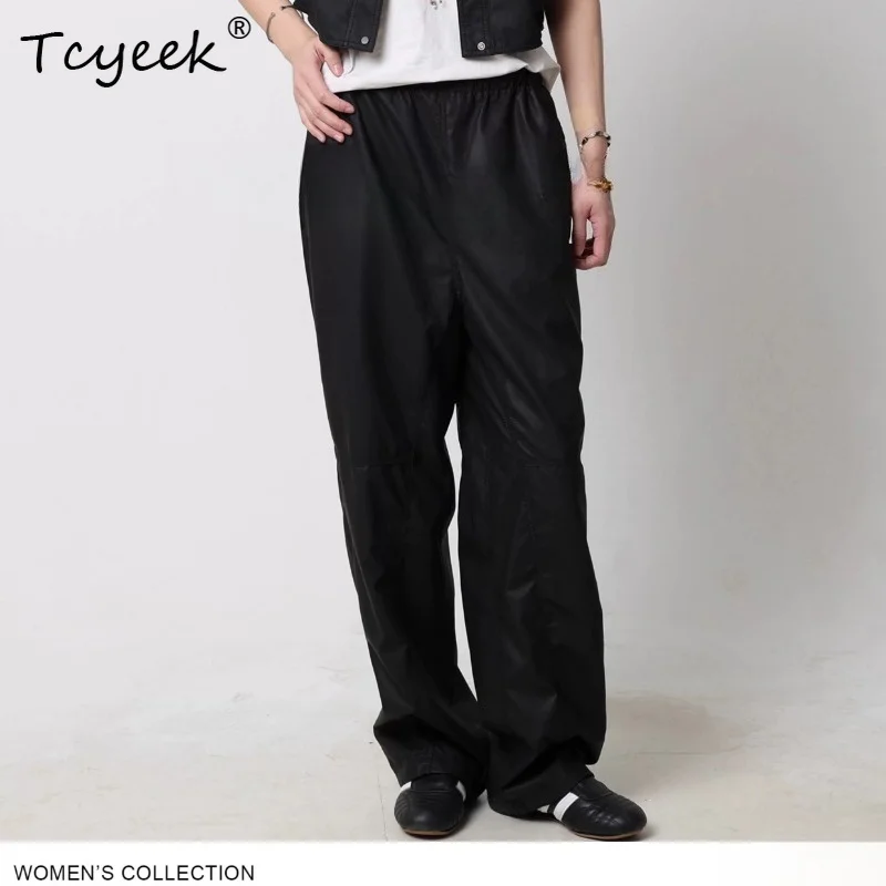 Tcyeek Cozy Genuine Sheepskin Pants for Women Leather Casual Pants Womens High Quality Ladies Elastic Waist Trousers Брюки