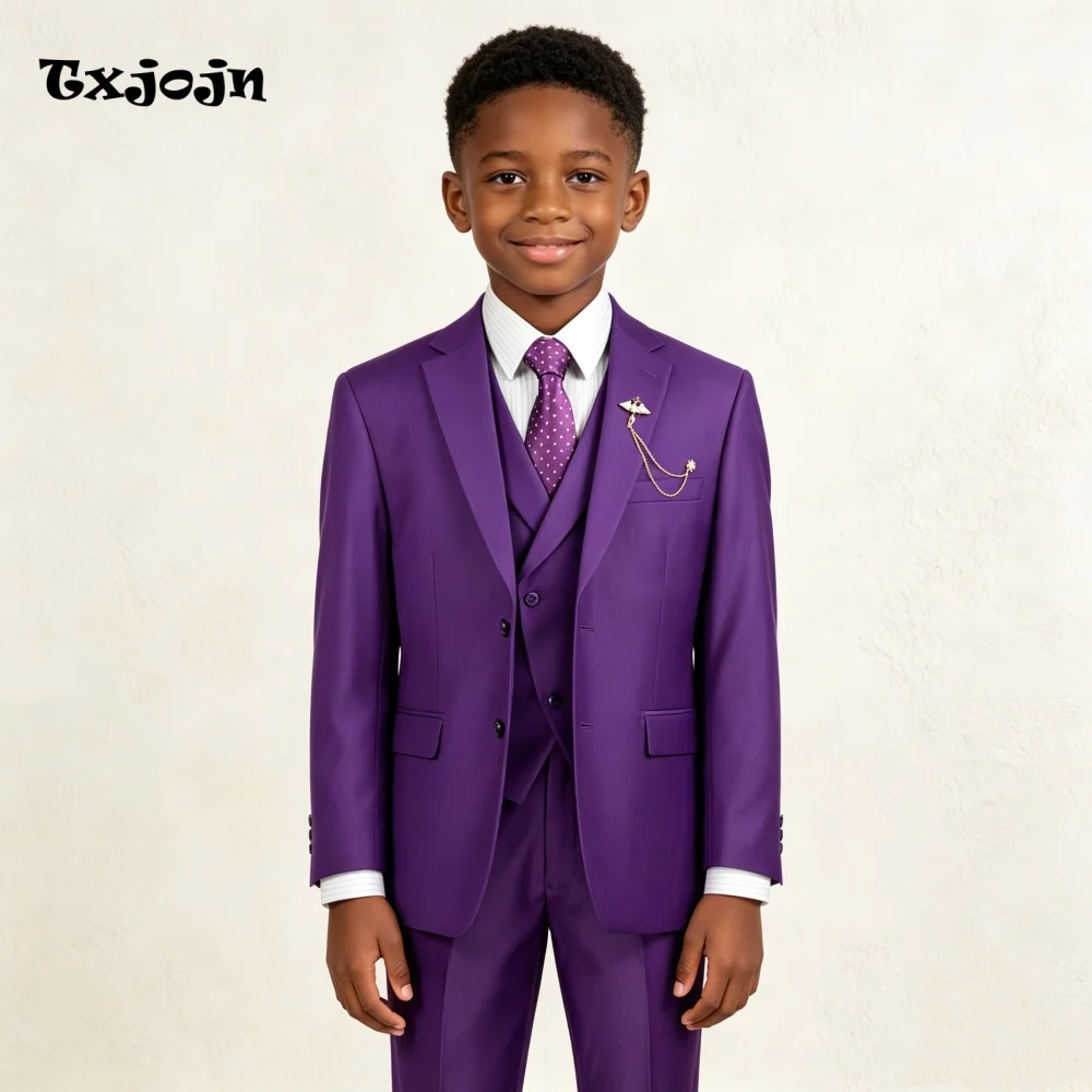 Formal Suit Set for Boys Trend Purple Wedding Tuxedo 3 Piece Jacket Pants Vest Kids Blazer Set Slim Fit Tailored Outfit