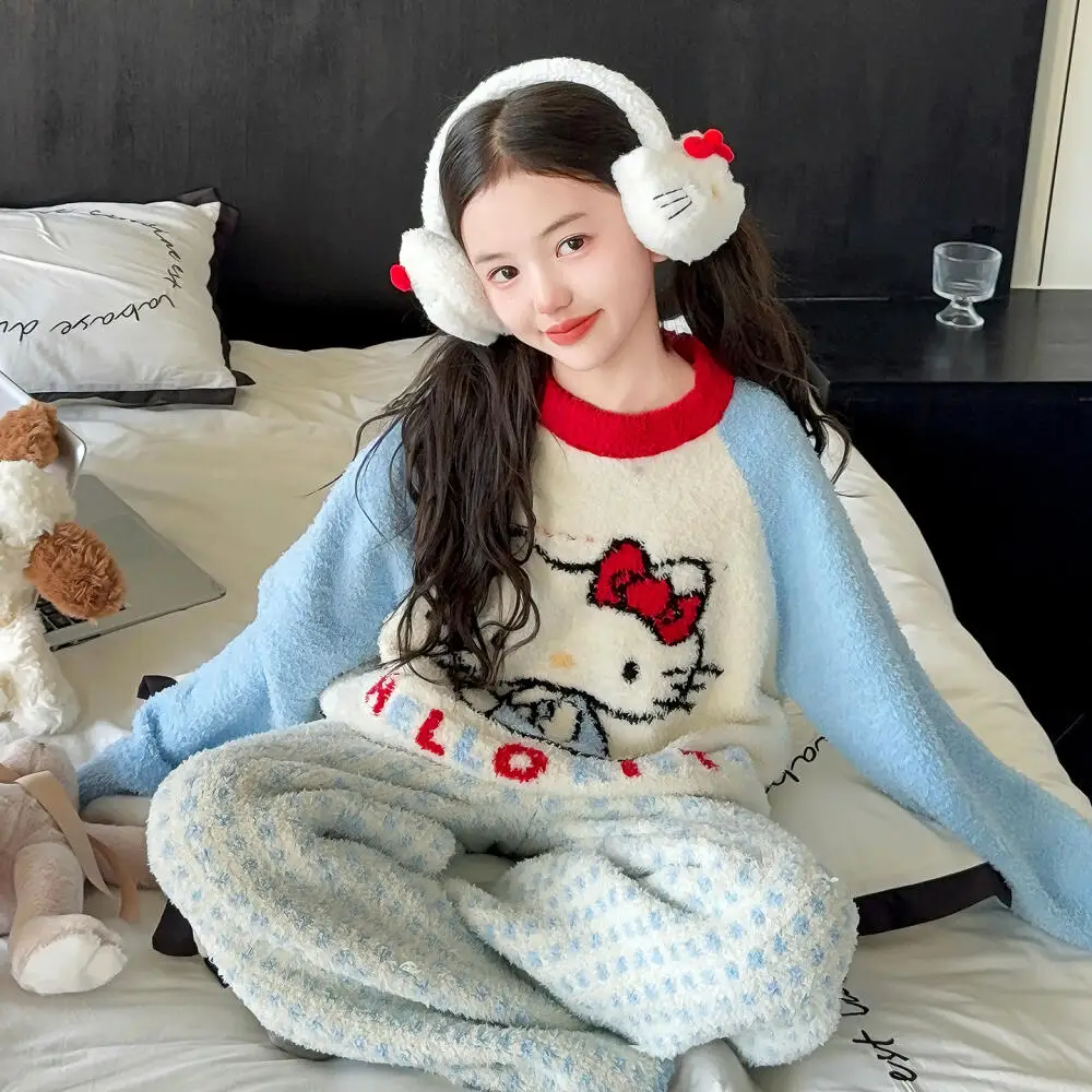 

Sanrio Hello Kitty New Casual Cartoon Pajamas Girls' Autumn and Winter Thickened Warm Long-Sleeved Trousers Home Wear Set