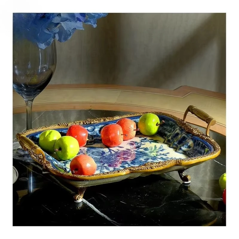 

European Creative Decorative Chinese Blue-and-white Ceramic Tray Movable Ceramic and Copper Decorative Fruit Plate