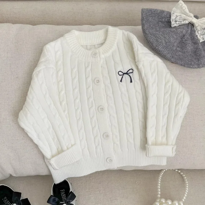 Girl's Sweater Toddler Autumn Bow Tie Knit Sweater Children's Long-Sleeved Cardigan New Baby Sweet Coat Kids Casual Loose Tops
