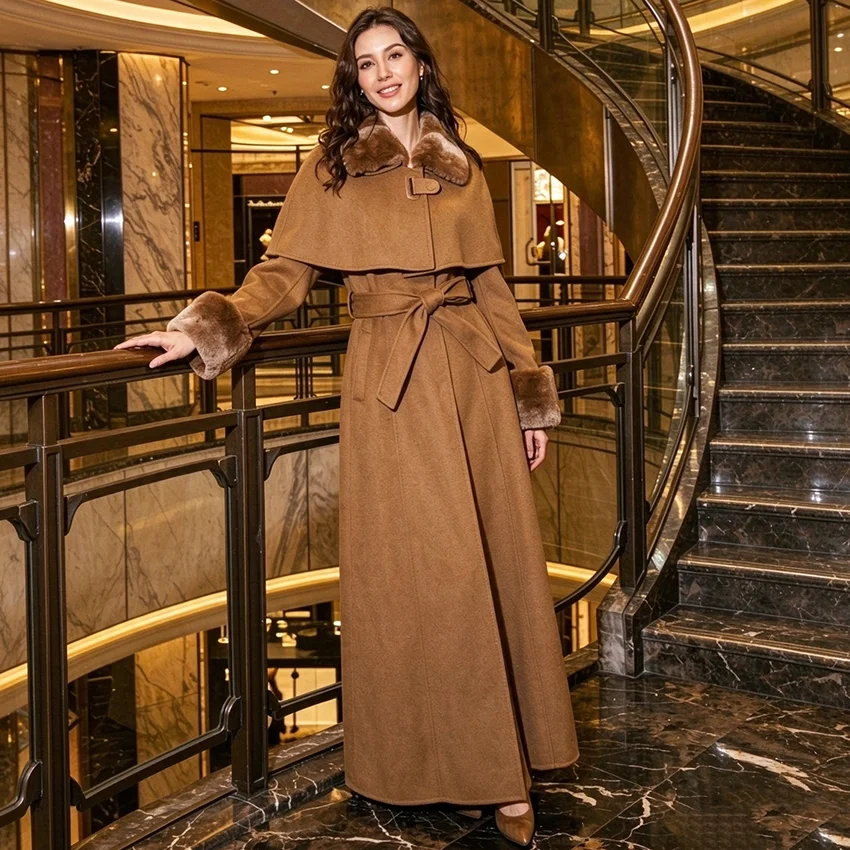 JANEFUR 2026 New Luxury Women Long Wool Overcoat Detachable Cape Real Rabbit Fur Collar Cuffs Elegant Winter Warm Woolen Coat