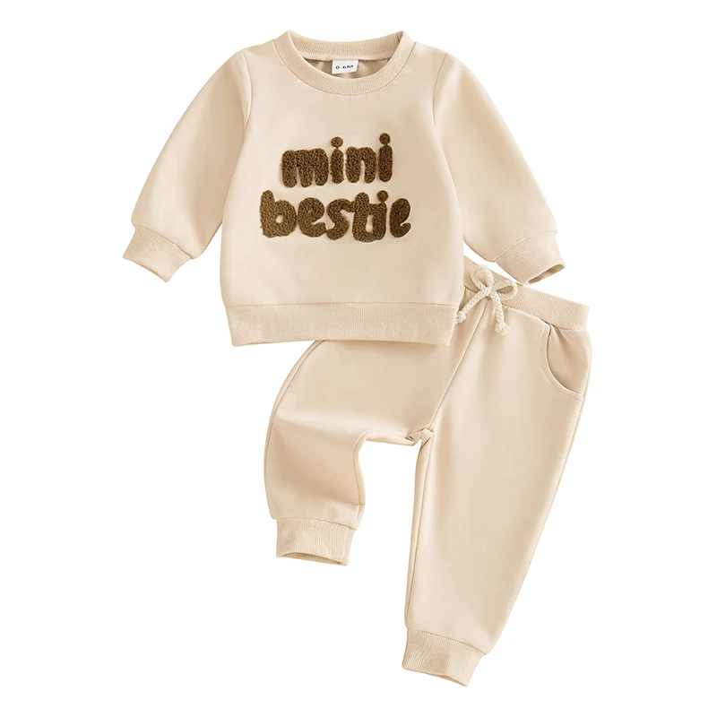 

Toddler Boy Girl Winter Outfit Letter Embroidery Long Sleeve Sweatshirt Solid Long Pants with Pockets 2 Piece Set