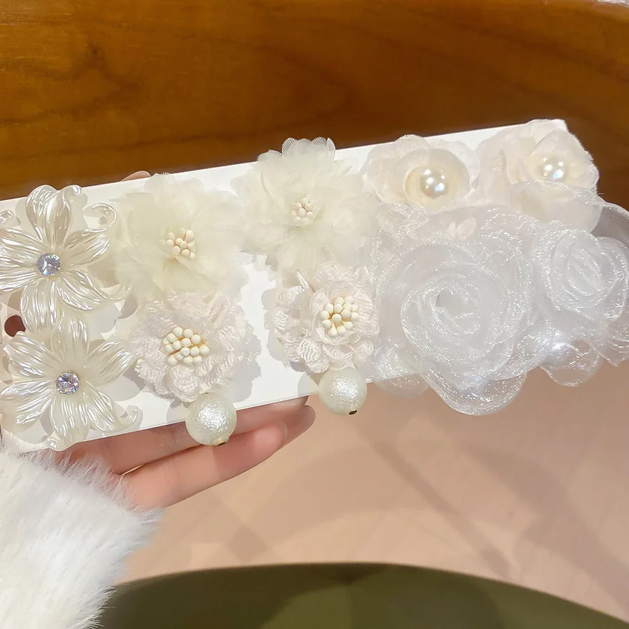 6/10 Pcs Sheer Mesh Lace Fabric Flower Stud Earrings Zircon Imitation Pearl Ear Studs Bridal Formal Party Accessories Set Gift M