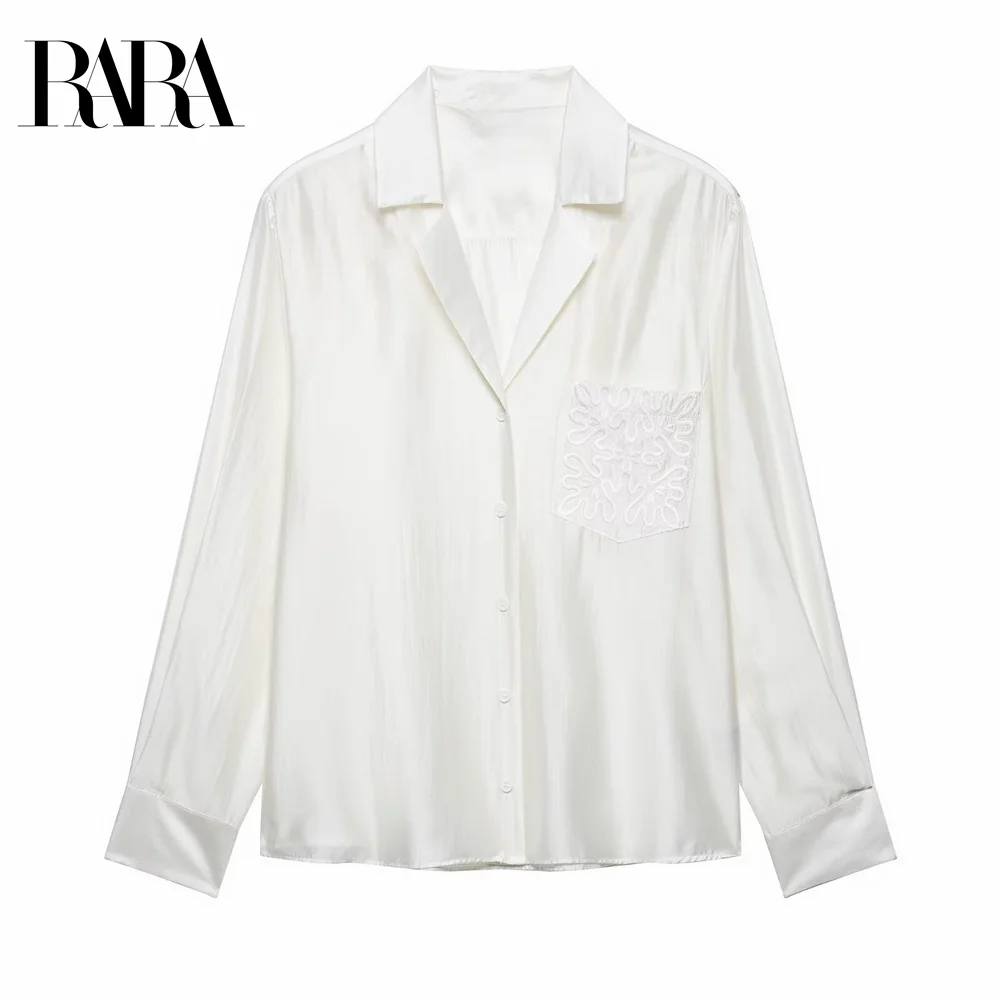 

2025 RARA Summer New Women's Fashion Casual Solid Color Embroidered Pocket Decoration Collar Long Sleeve Shirt