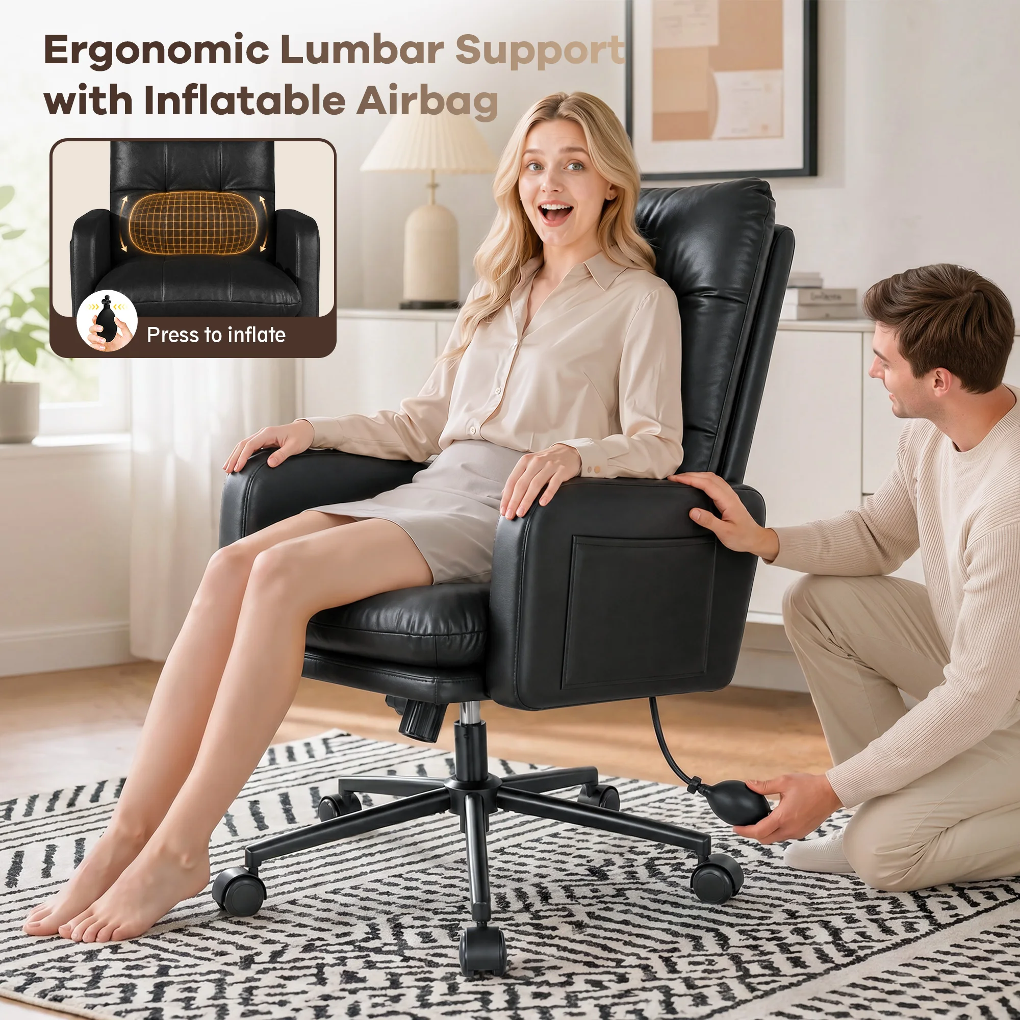 Big and Tall Ergonomic Office Chair PU Leather High Back Gaming Chair with Inflatable Lumbar Support, Adjustable Height, 6.69