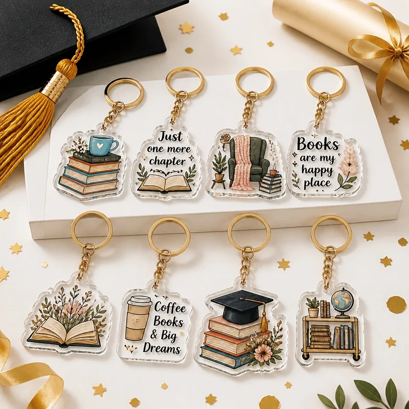 8pcs Inspirational Book Quote Acrylic Keychain – 2D Reading Design, Student Teacher Bag Decoration Gift