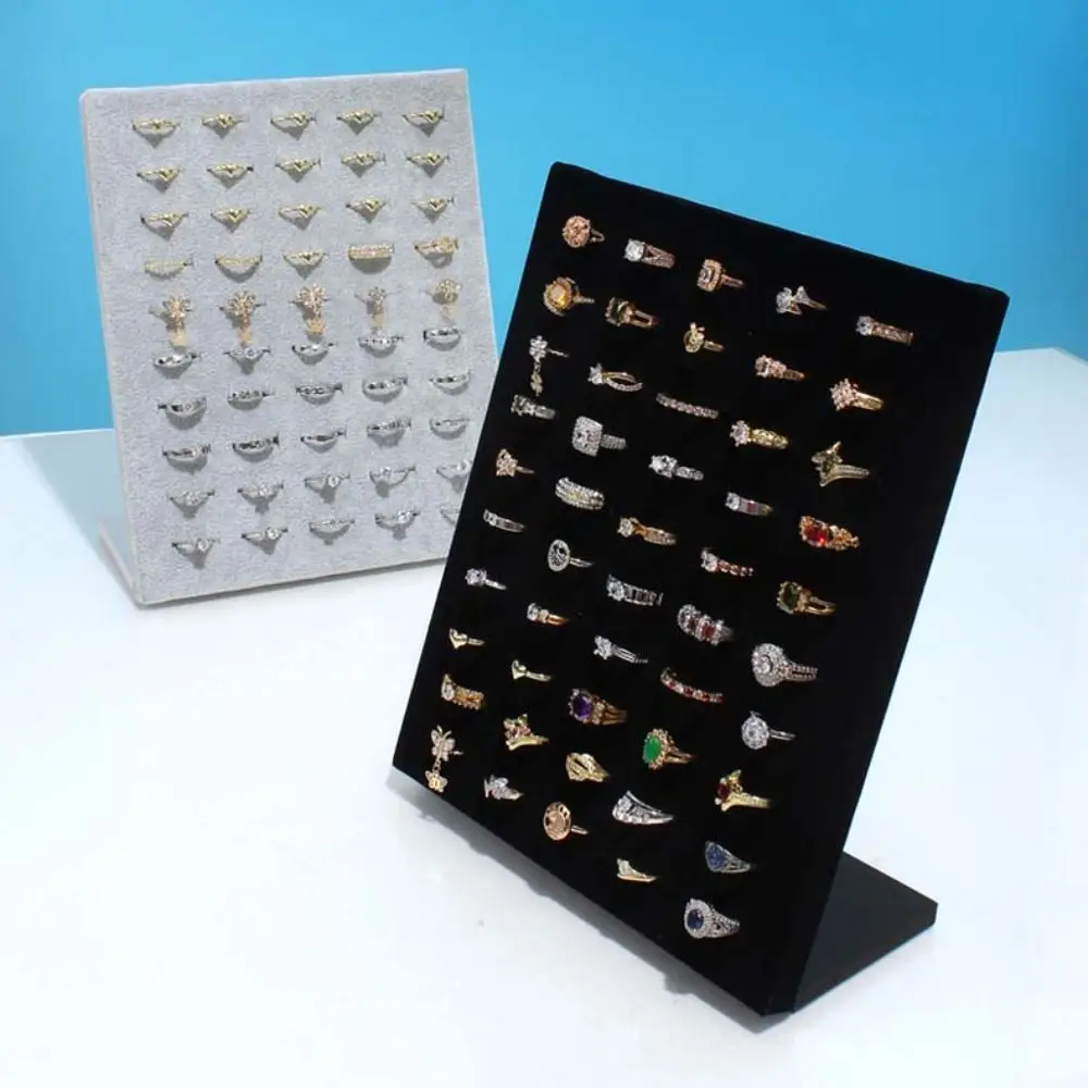 50 Slots Rings Display Stand Black Gray Soft Velvet Jewelry Organizer L Shaped Space-Saving Ring Holder Shop Counter