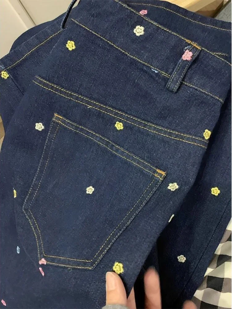 Stickerei Jeans Frauen Dunkelblau Denim Hohe Taille Lose Fit Koreanischen Stil Alle-spiel Design Breite Bein Taschen Täglichen casual De Mujer