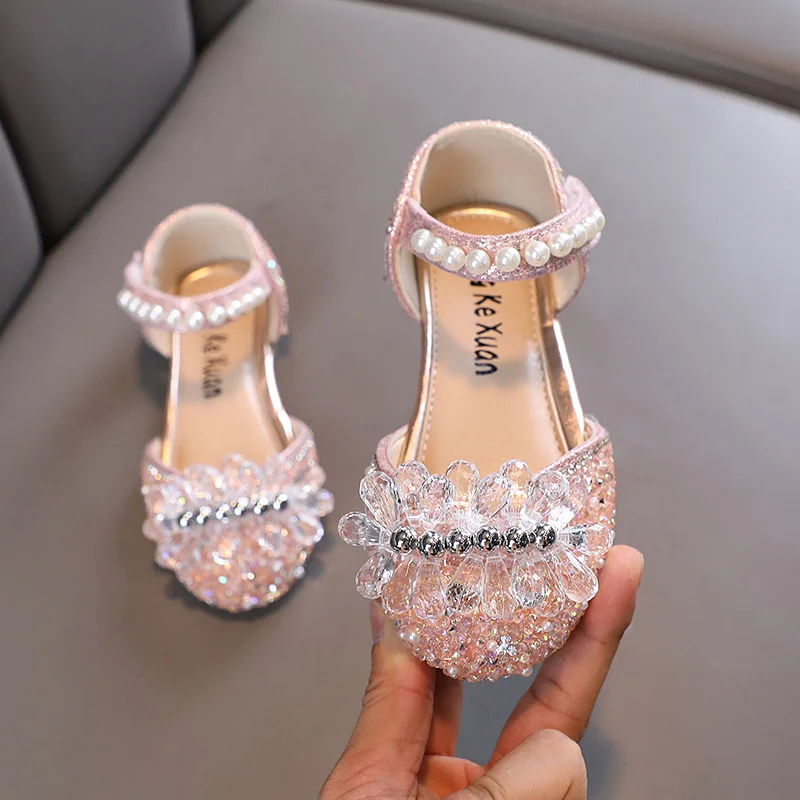 Sandalias de diamantes de imitación para niña, zapatos de vestir de escenario de princesa con lentejuelas, antideslizantes, tacones planos,