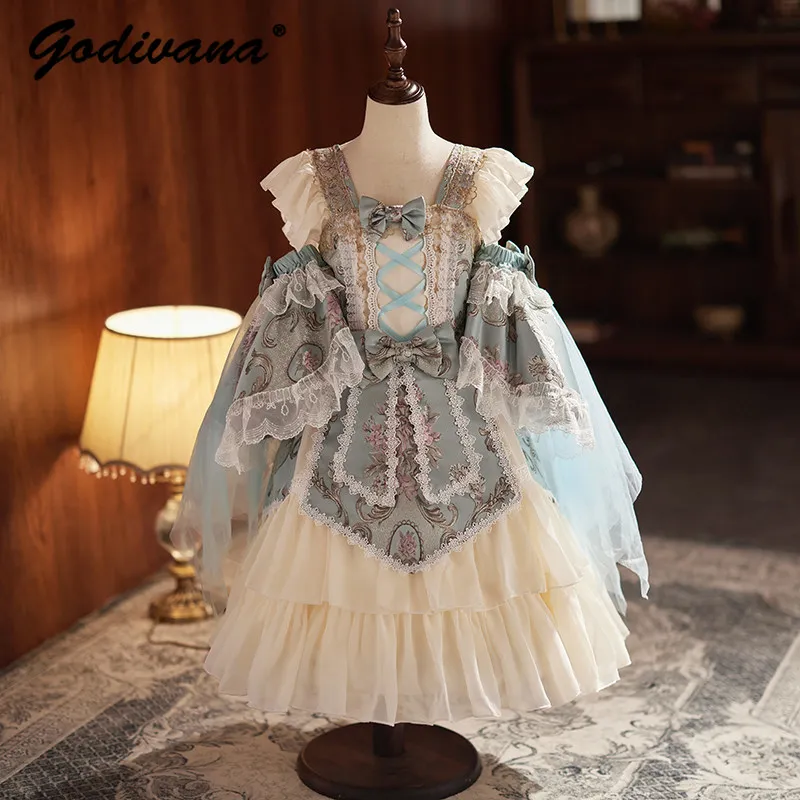 

Baby Girls Summer Vintage Court Lolita Dress Kids Lace Ruffle Trim Puff Sleeve Floral Print JSK Birthday Party Princess Gown